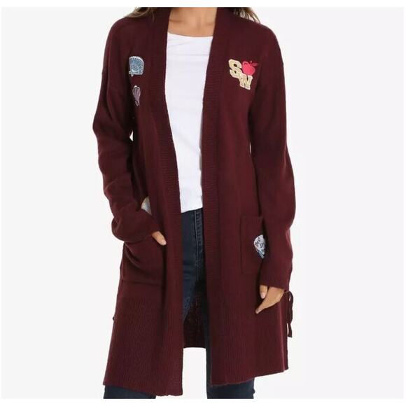 Disney Size Medium M Red Disney Princess Embroidered Patches Open Long Cardigan - Picture 2 of 10